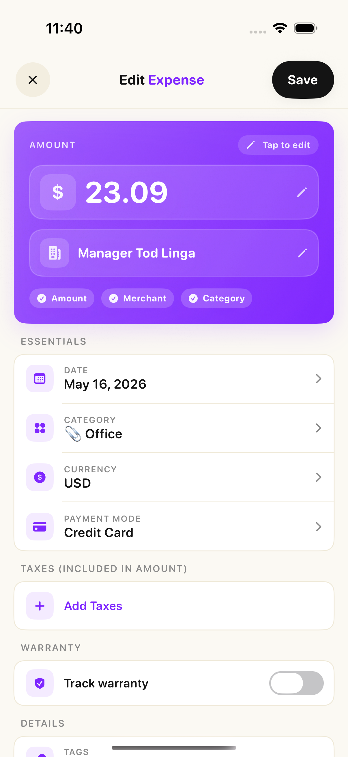 Edit Expense screen in the Smart Receipts mobile app