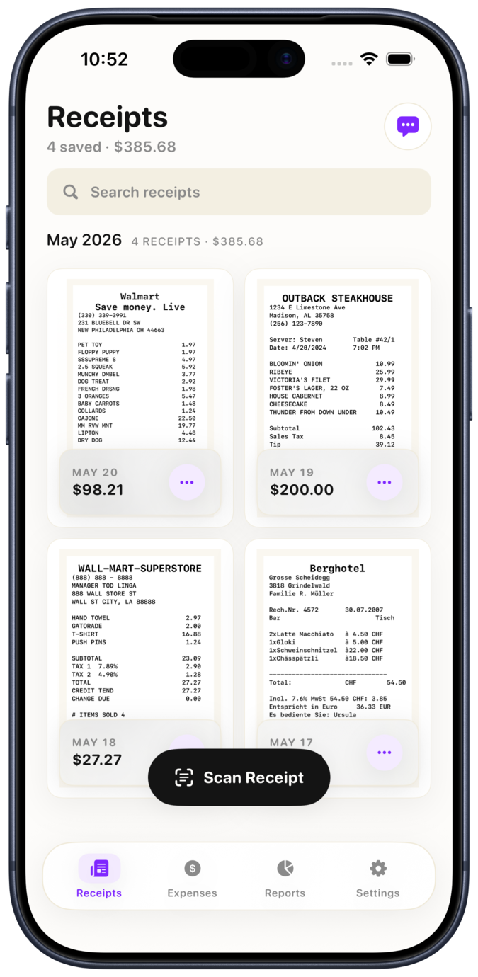 Smart Receipts receipts list showing readable receipt cards and clear scan action