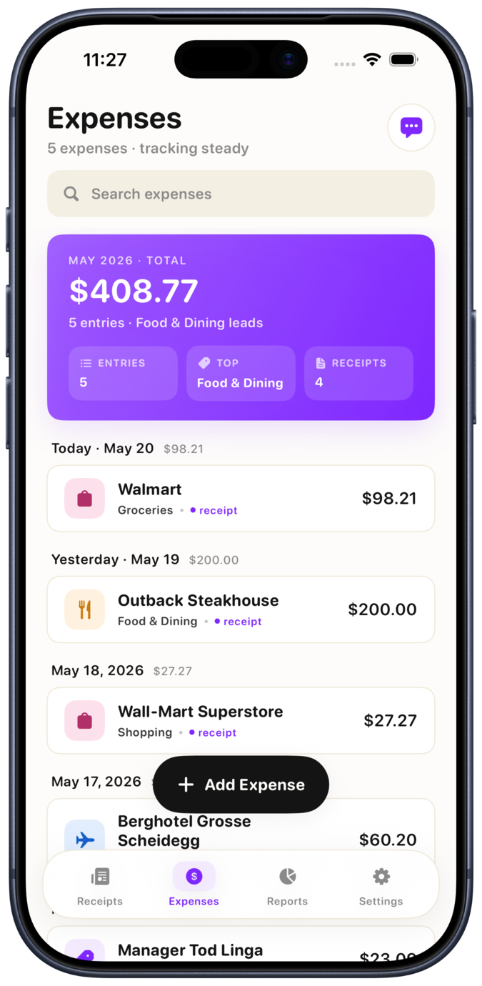 Expense list with amount, merchant, category, date, and receipt indicators