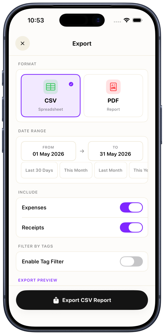 Export screen with PDF and CSV format options