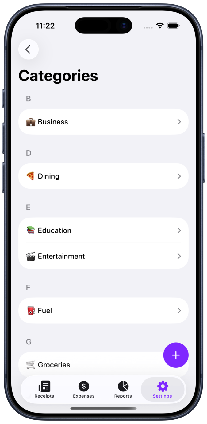 Smart Receipts category list with emoji icons in an iPhone 17 Pro mockup
