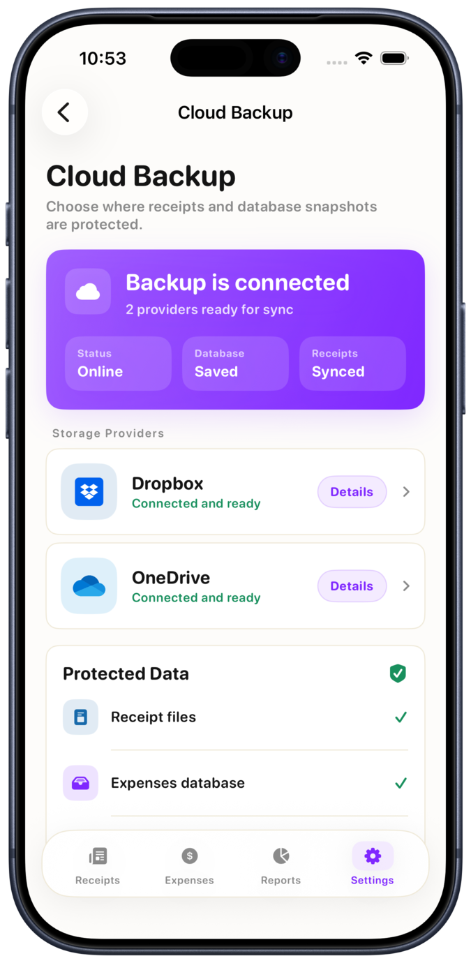 Cloud backup screen showing connected Dropbox and OneDrive providers with text status labels