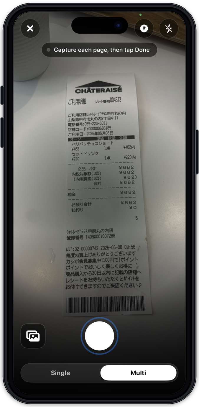 Receipt capture screen showing Single and Multi capture modes with visible camera controls