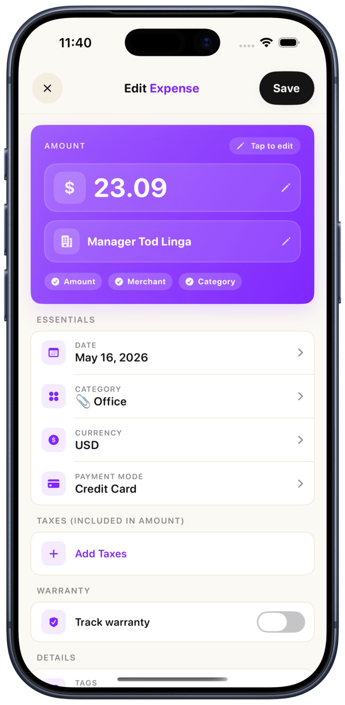 Smart Receipts edit expense screen with labeled fields for amount, merchant, date, category, currency, and payment mode