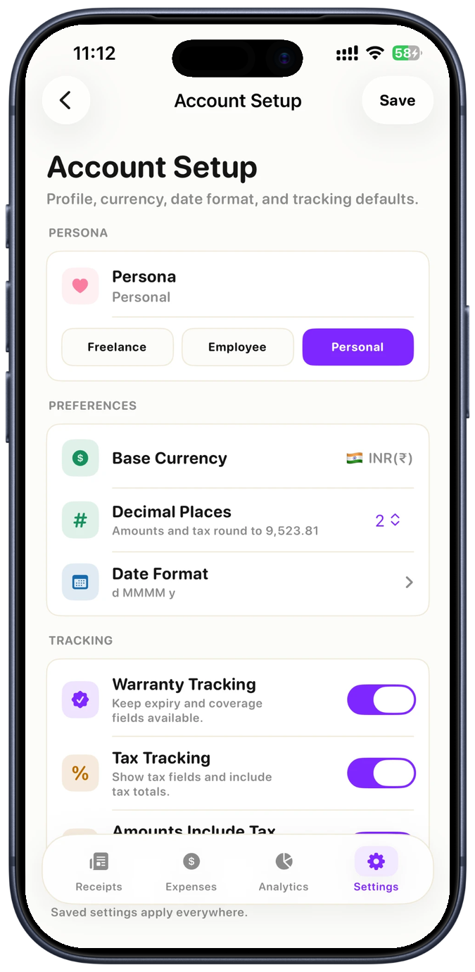 Smart Receipts Account Setup screen with the Freelance, Employee and Personal persona picker, base currency, date format, and warranty and tax tracking toggles