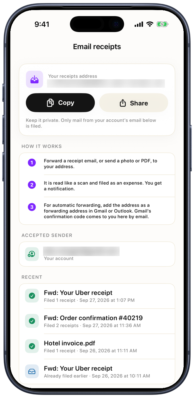 Smart Receipts Email receipts screen showing the private receipts address, how it works, the accepted sender, and recently filed receipts, in an iPhone 17 Pro mockup