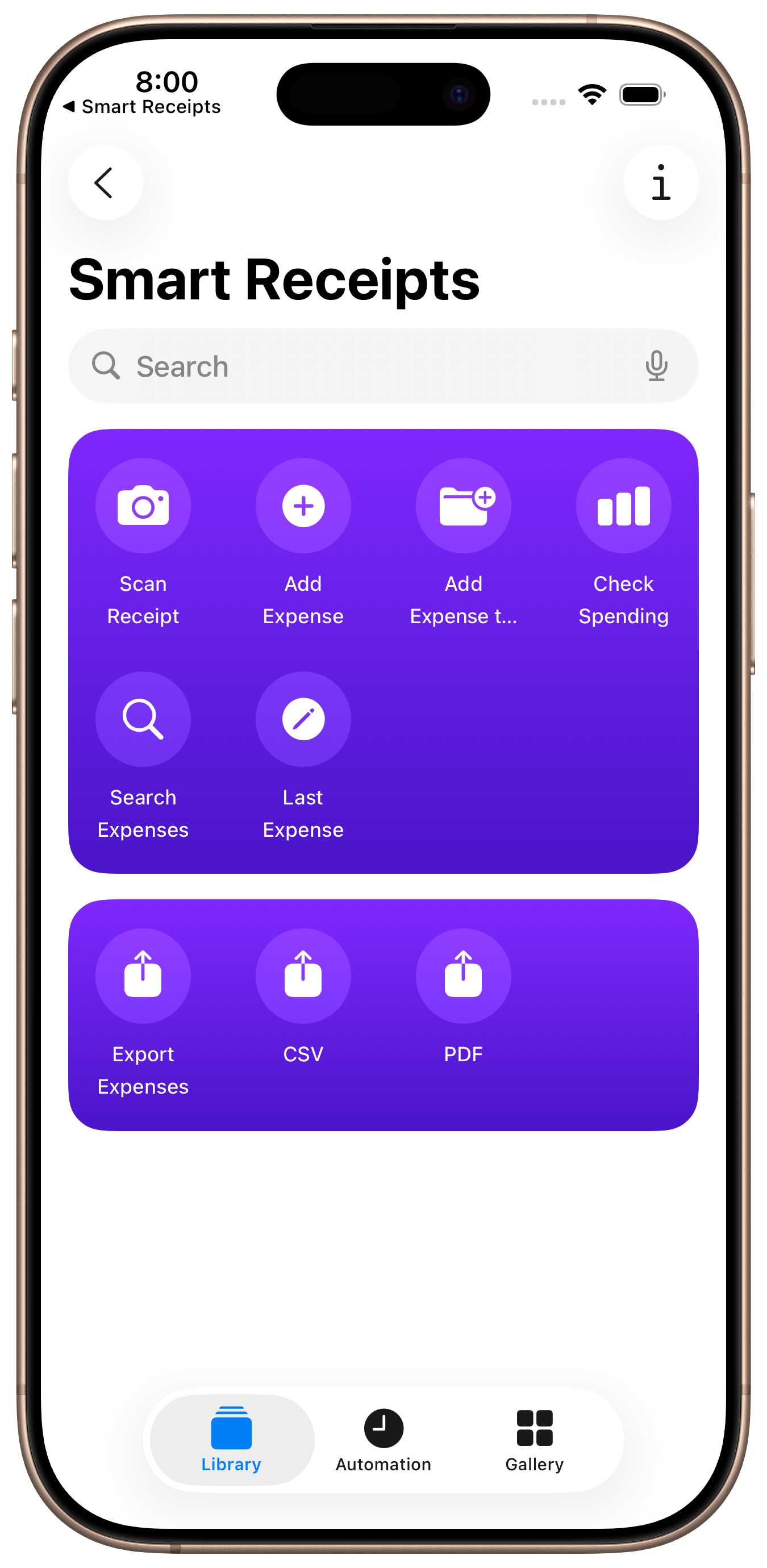 All 8 Siri Shortcuts available in Smart Receipts