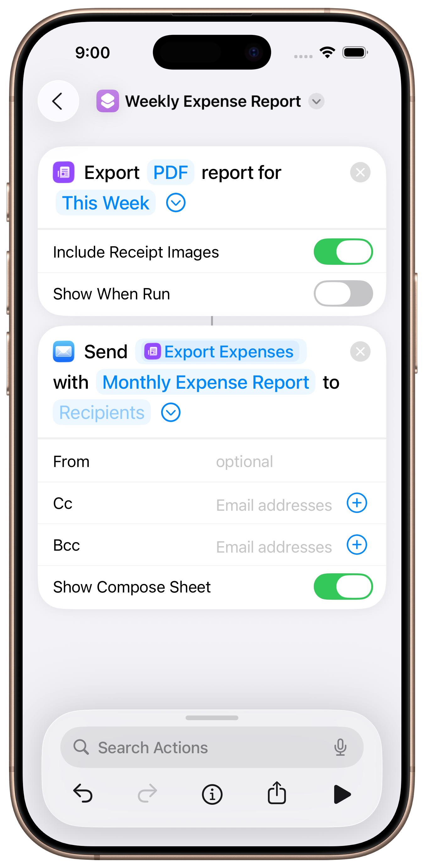 Weekly expense report shortcut with email automation