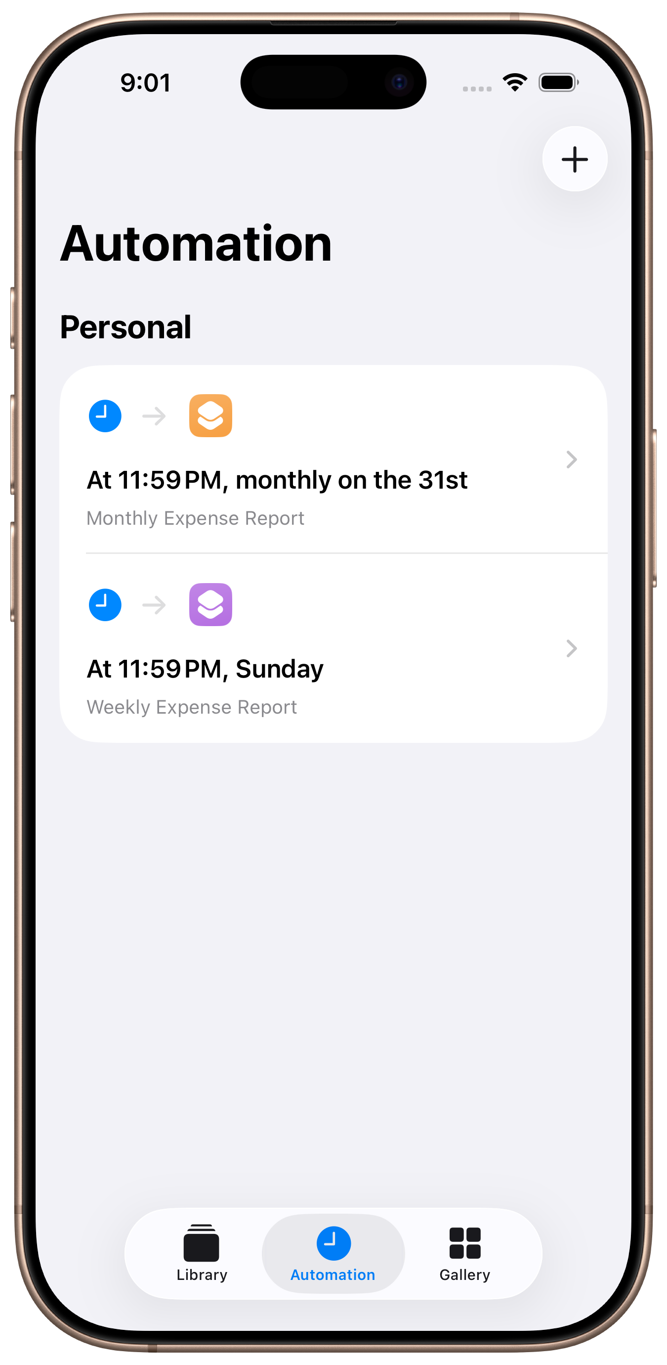 Automation list showing weekly and monthly expense report automations