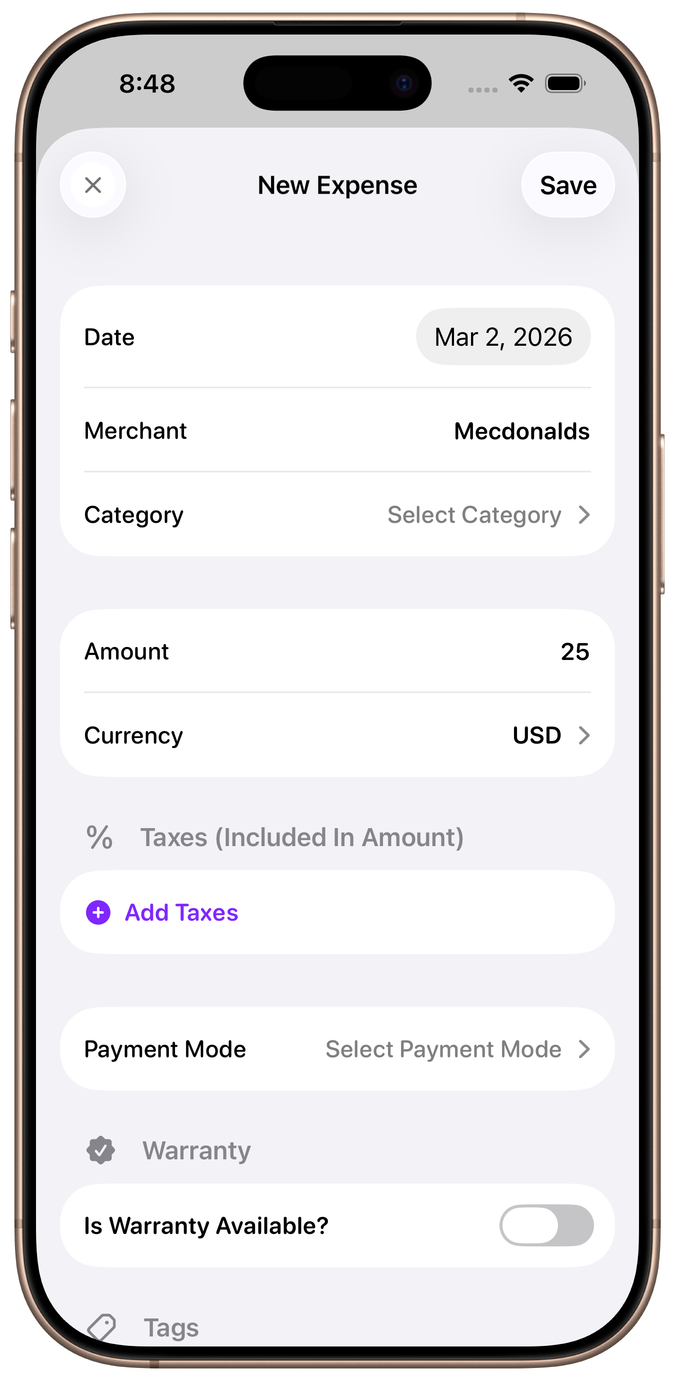 Expense form pre-filled from shortcut