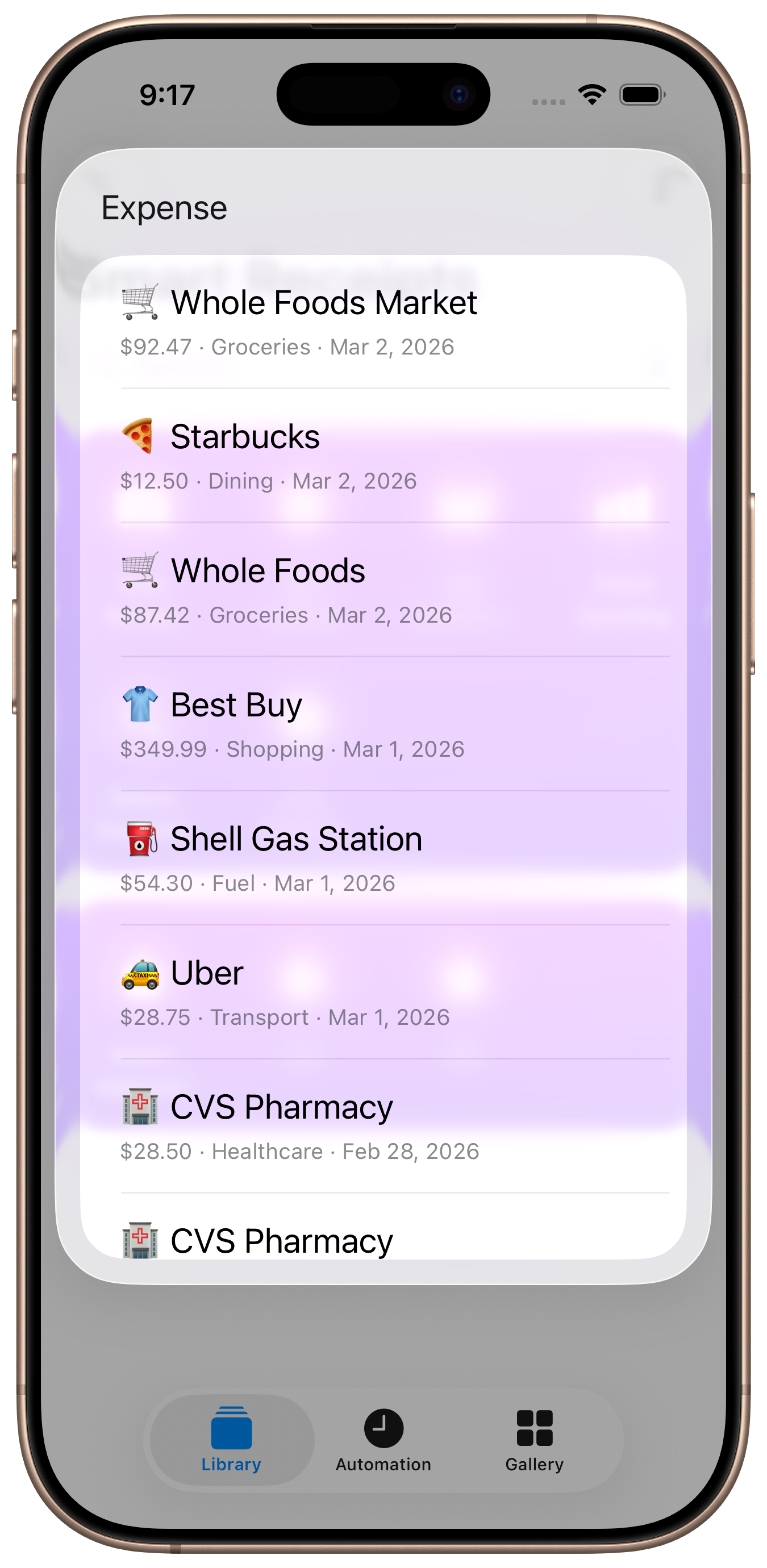 Last Expense shortcut showing recent expenses list