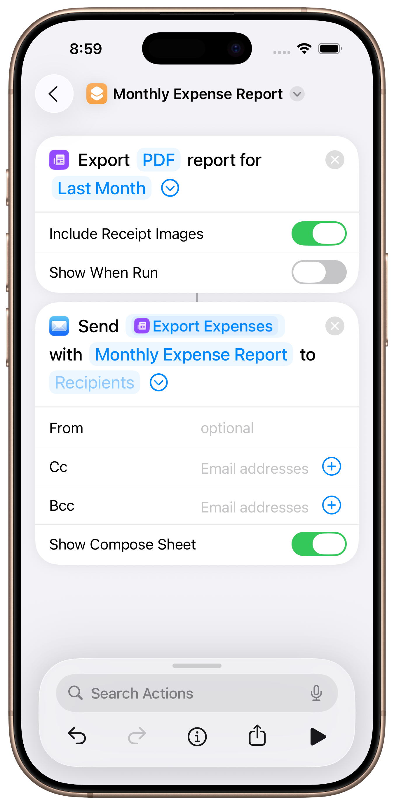 Monthly expense report shortcut configuration